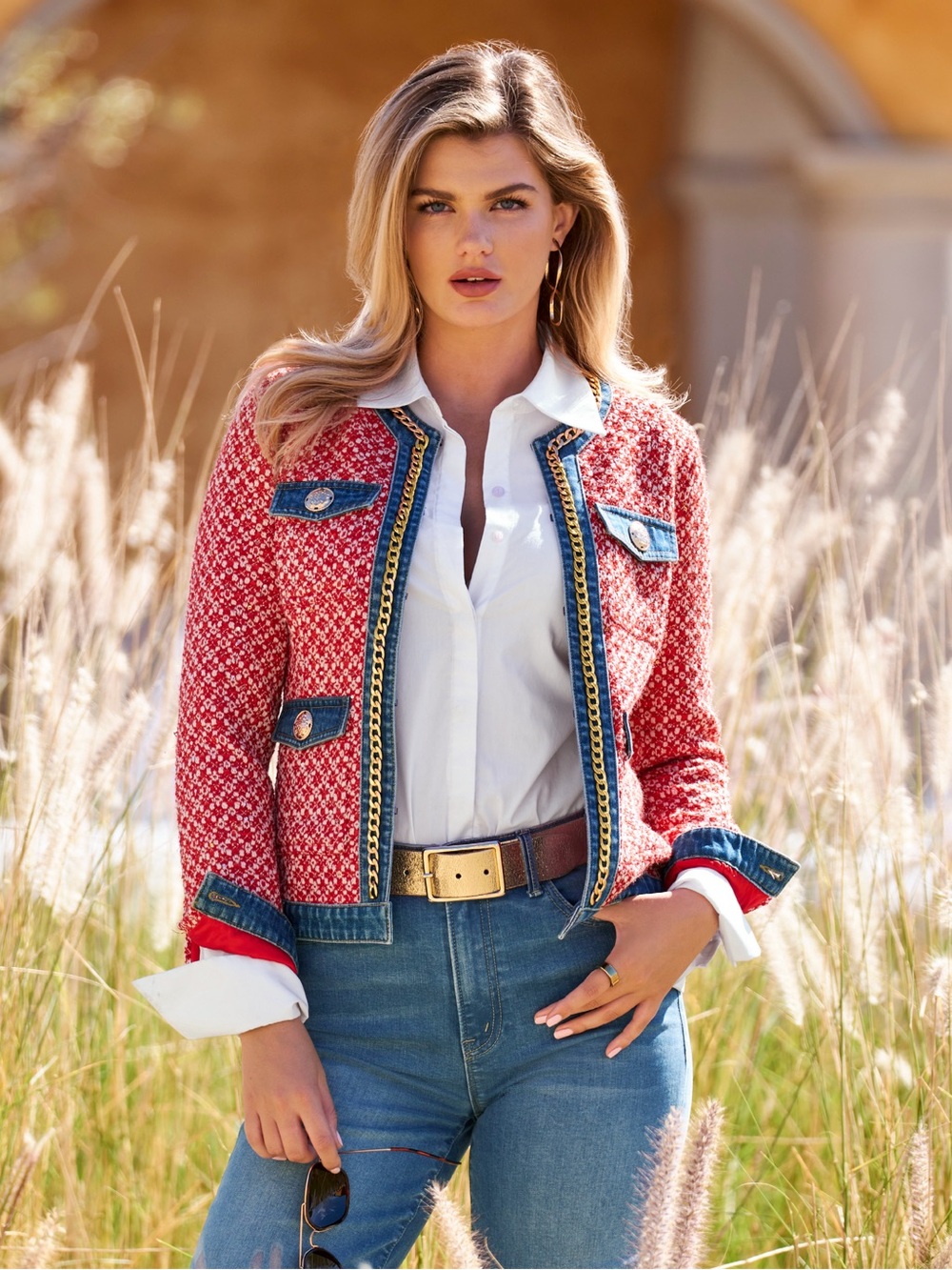 Boston Proper Red Tweed-Style Jacket with Blue Denim Trim